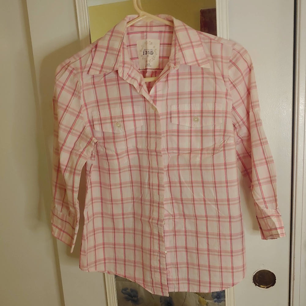 IZOD Woman Pink Plaid 3/4 Sleeve Button Down (S)